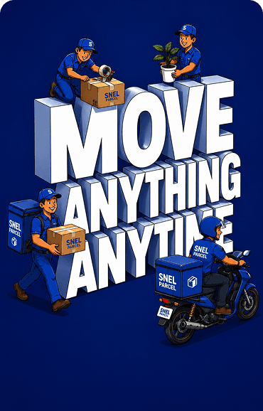 SNEL Parcel team moving boxes around Move Anything Anytime lettering