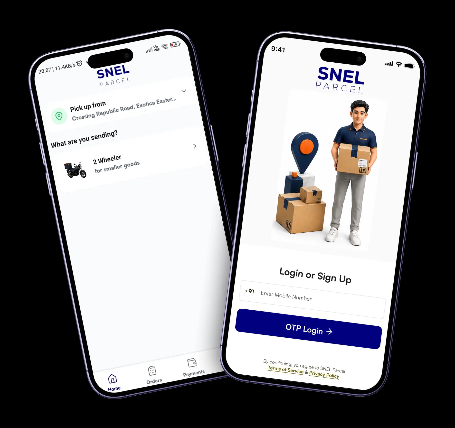SNEL Parcel referral and login screens